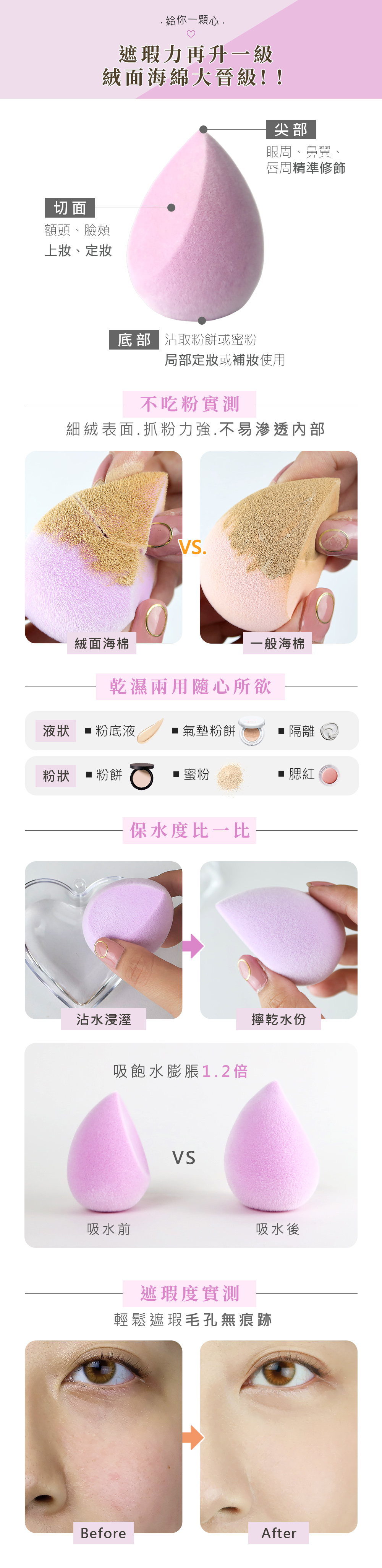 底妝,美妝蛋,LSY林三益【給你一顆心】絨面海棉(綠/紫組),【給你一顆心】絨面海棉(綠/紫組)_使用說明