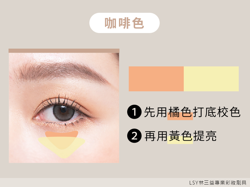 黑眼圈校色2024,LSY林三益,咖啡色的黑眼圈多出現在健康、小麥膚色，屬於色素沈澱型的黑眼圈